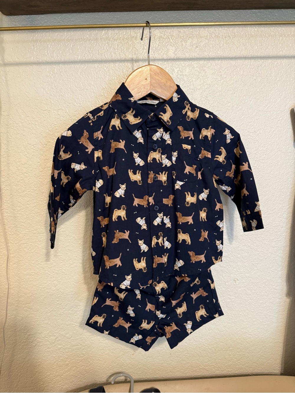 Janie and Jack Navy Pajama Set with Tan & White Dog Print